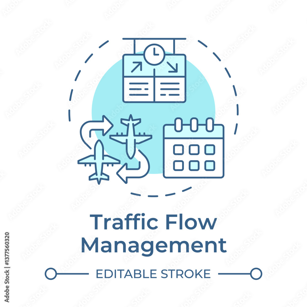 Traffic flow management soft blue concept icon. Time, schedule. Flight route, coordination. Round shape line illustration. Abstract idea. Graphic design. Easy to use in article, blog post Traffic flow management soft blue concept icon. Time, schedule. Flight route, coordination. Round shape line illustration. Abstract idea. Graphic design. Easy to use in article, blog post