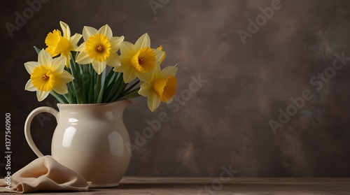 Bouquet of daffodils in jug on table against color background, space for text. Fresh spring flowers. generative.ai