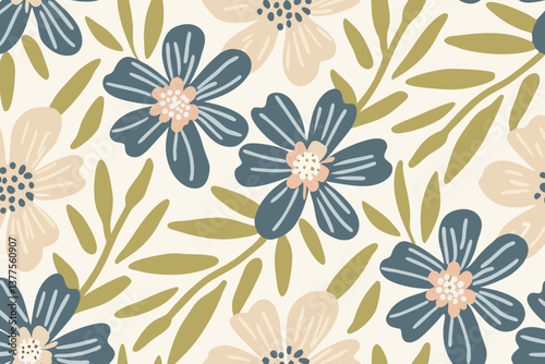 Wallpaper Mural Dense floral repeat pattern with soft blue and peach. Design illustration for decoration, wall decor, wallpaper, cover, banner. Torontodigital.ca