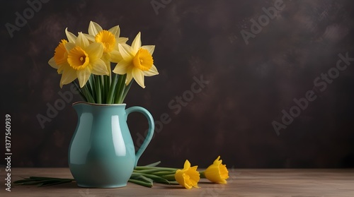 Bouquet of daffodils in jug on table against color background, space for text. Fresh spring flowers. generative.ai
