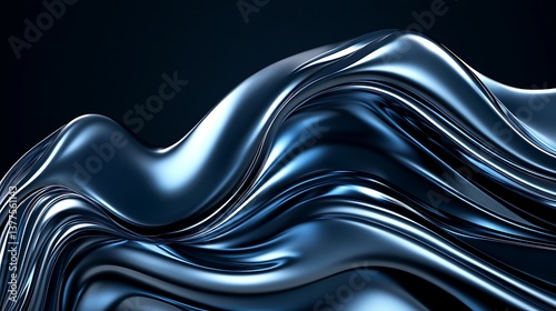 Smooth blue metallic flowing surface abstract shapes in dark backdrop