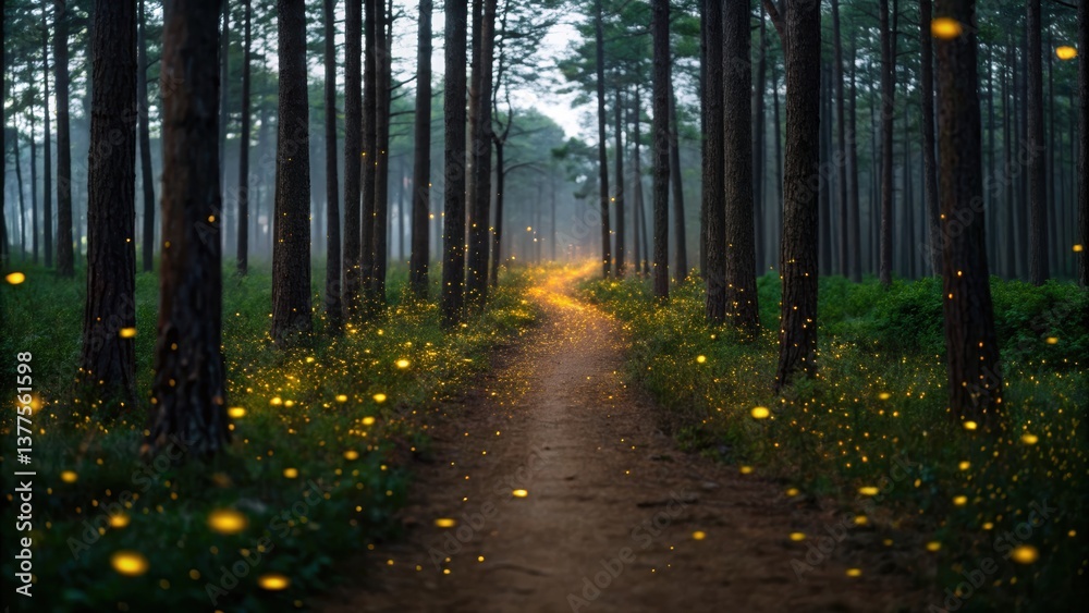Obraz premium A mystical forest at twilight with fireflies illuminating a winding path through the trees