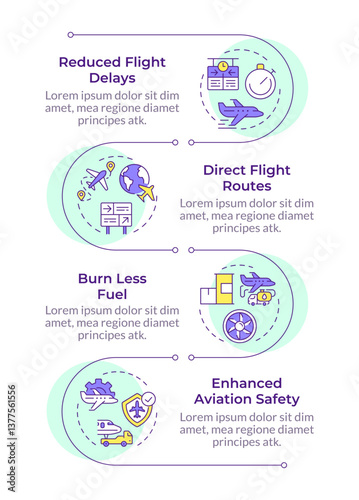 Air traffic management benefits infographic vertical sequence. Fuel consumption, maintenance. Visualization infochart with 4 steps. Circles workflow. Montserrat SemiBold, Lato Regular fonts used