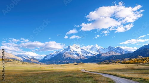 A breathtaking landscape featuring snow-capped mountains under a bright blue sky, with a winding path through a lush green meadow.