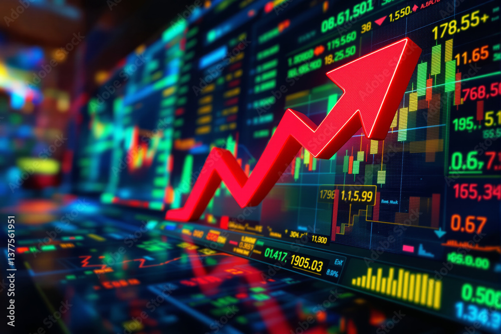Red arrow showing growth over colorful digital charts with stock market data, futuristic graphic style, glowing business background. Ai generative Red arrow showing growth over colorful digital charts with stock market data, futuristic graphic style, glowing business background. Ai generative