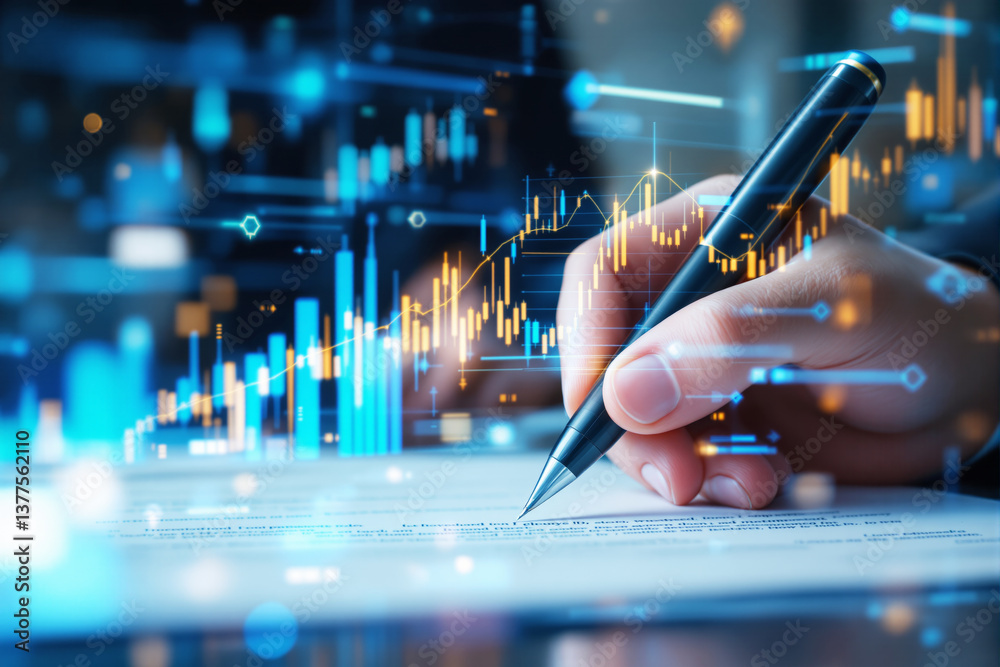 Hand signing contract with pen overlaid by digital financial charts and glowing bars, futuristic graphic style, blurred background, concept of business finance. Ai generative