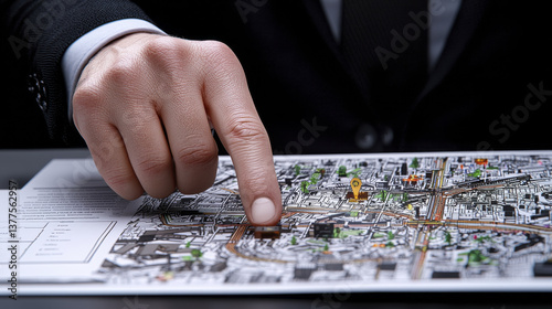 businessman points at detailed city map, highlighting specific location with focused expression. map features streets, landmarks, and markers