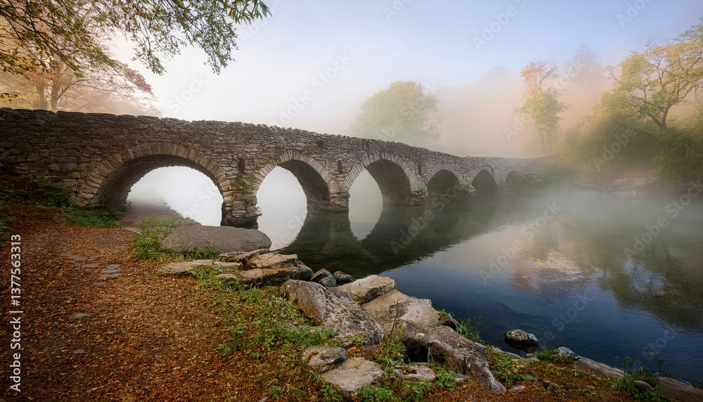 Fototapeta premium Atmospheric ancient stone bridge emerging from the fog over a serene river reflecting mystery