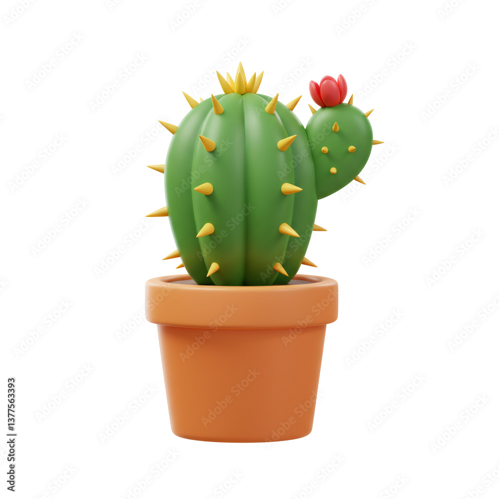 3D Rendered Green Cactus in Orange Pot with Red Flower 3D Rendered Green Cactus in Orange Pot with Red Flower