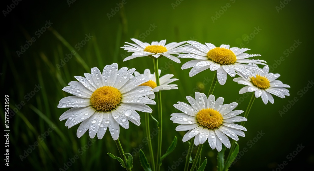 Fototapeta premium Five Daisies Dew Drops Soft Light Green Background. AI Generated