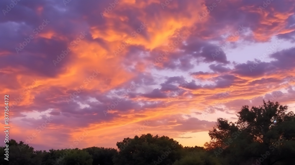 Obraz premium Vibrant Sunset Sky Over Silhouetted Trees