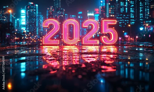 Neon 2025 sign with blurred city lights reflecting on wet surface.