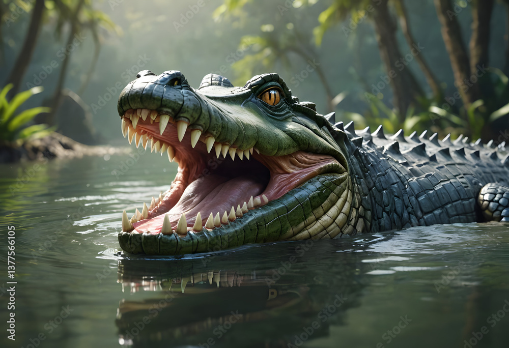 Fierce crocodile roaring in tranquil tropical waters Fierce crocodile roaring in tranquil tropical waters