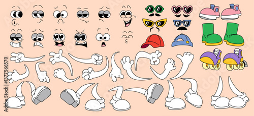 Retro mascot face body parts set isolated on background. Vector cartoon illustration of eyes and mouths with different emotions, hands and legs, sunglasses, hats, shoes for groovy character design