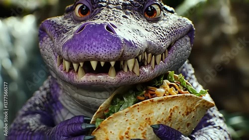 A whimsical purple dinosaur character joyfully holding a taco in a lush, vibrant jungle setting