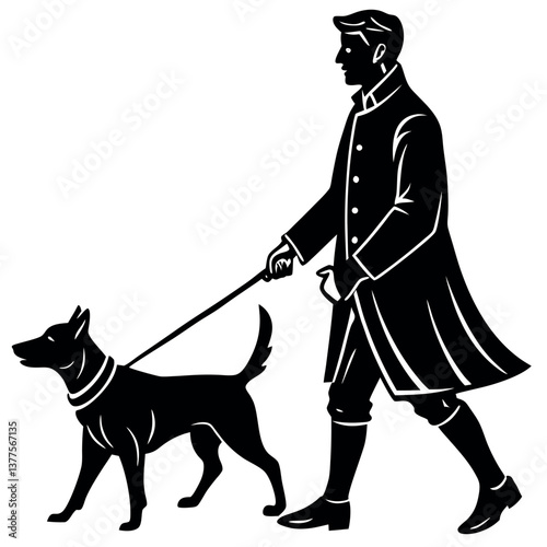 Silhouette of a person walking a dog with other pet animals in a vector illustration