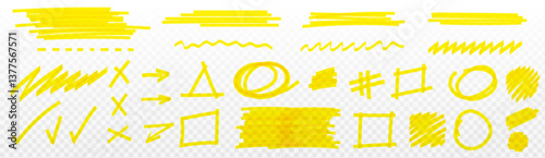 Yellow highlight marker lines set isolated on transparent background. Vector realistic illustration of color felt pen marks, doodle wave, check, zigzag strokes, scribbles for school banner design