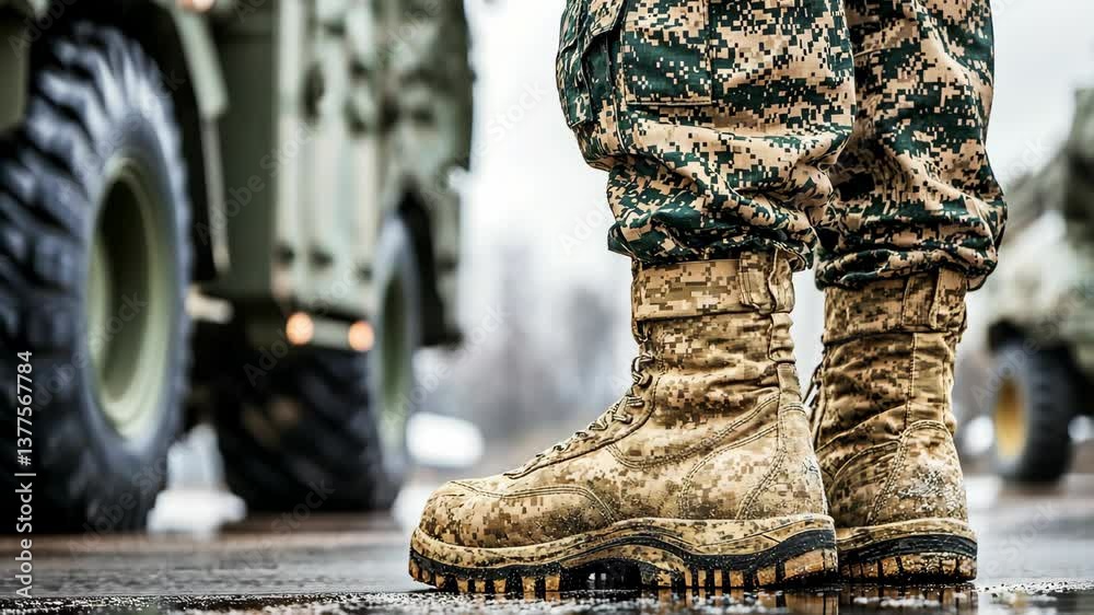 Soldier stands on wet pavement beside military vehicle, showcasing camouflaged boots and uniform during training in bad weather