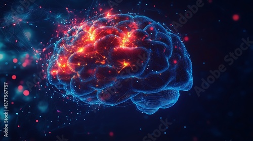 Human brain digital illustration. Electrical activity, flashes and lightning on a blue background.