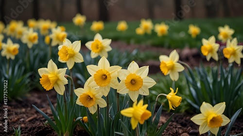 Yellow Daffodils In The Spring Garden Perfect For The Background Or Postcard Creating Spring Atmosphere Daffodils In The Spring Rainy Day Spring Background Daffodils Background. generative.ai