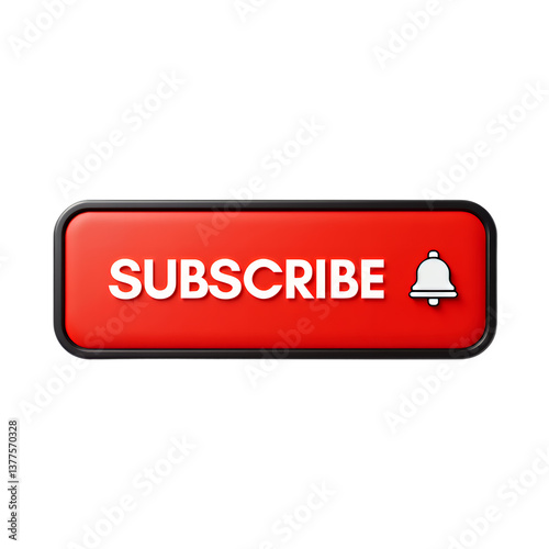 Red Subscribe Button with Bell Icon transparent background. Glossy.
