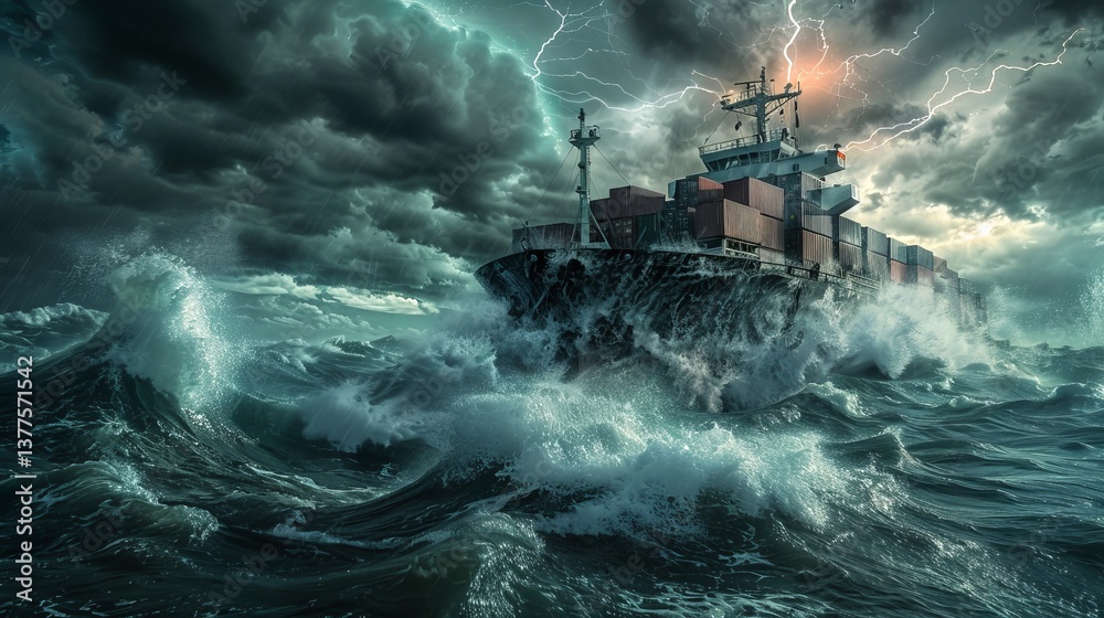 Fototapeta premium A cargo ship battles fierce waves and lightning in a dramatic storm, showcasing the power of nature.