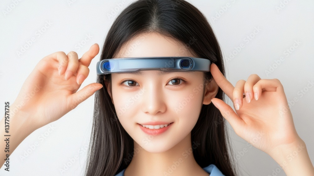 Smiling Young Asian Woman Wearing a Futuristic Headband Device
