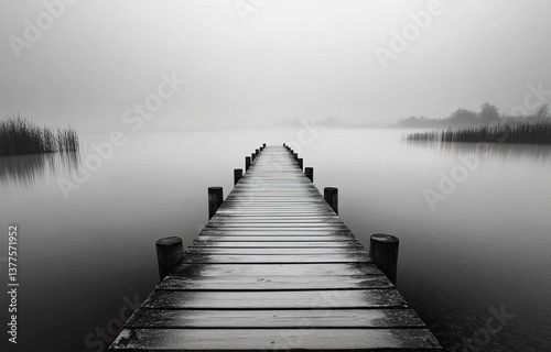 Misty lake pier, monochrome serenity.  A tranquil wooden pier extends into a foggy lake, leading to a hazy horizon.  The scene is peaceful and evocative