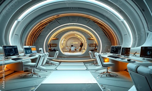 Futuristic, sterile, and modern command center with computers, desks, and a bright, circular design.