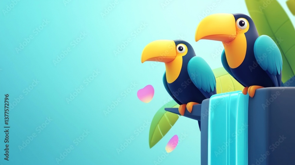 Fototapeta premium Tropical toucans playfully perched by waterfall jungle scene digital art vibrant colors whimsical viewpoint