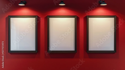 Fototapeta Naklejka Na Ścianę i Meble -  Three empty frames hanging on a red wall