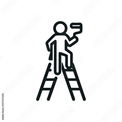 stickman standing on stepladder with paint roller, linear vector, isolated on transparent background