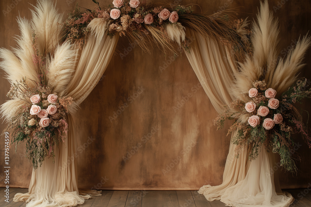 Maternity backdrop, wedding backdrop, photography boho background with delicate flowers and vintage wall.