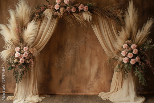 Maternity backdrop, wedding backdrop, photography boho background with delicate flowers and vintage wall.