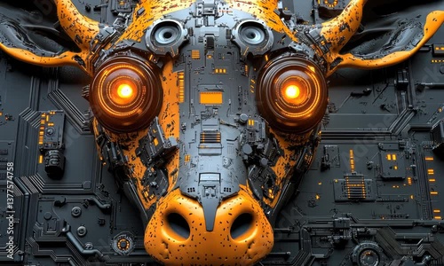 A cyborg giraffe head with bright orange and black coloring against a tech background.