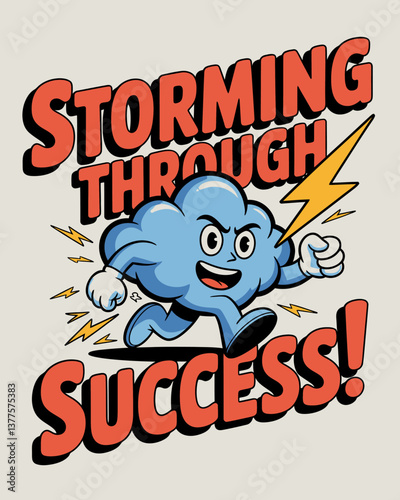 Cartoon Cloud Running Towards Success with Lightning Bolt, Retro Style Illustration, Inspiring Achievement