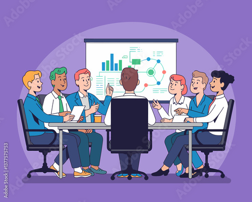 Diverse team discussing growth strategy at modern boardroom meeting with presentation, business illustration.