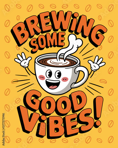 Retro Coffee Cup Cartoon Brewing Good Vibes on Sunny Yellow Background with Coffee Beans