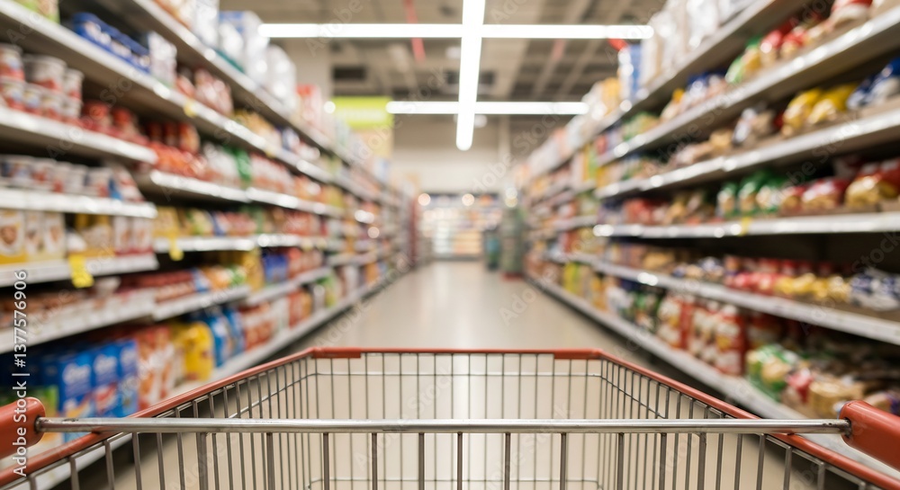 Fototapeta premium Grocery store aisle view from shopping cart bright lighting. AI Generated