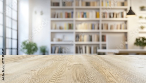Light-toned wooden surface in front of a blurry, well-lit library