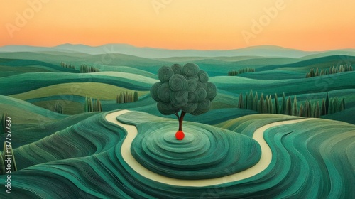 Painting of a tree in a field with creative paper landscape illustrations and empty space for text or graphics