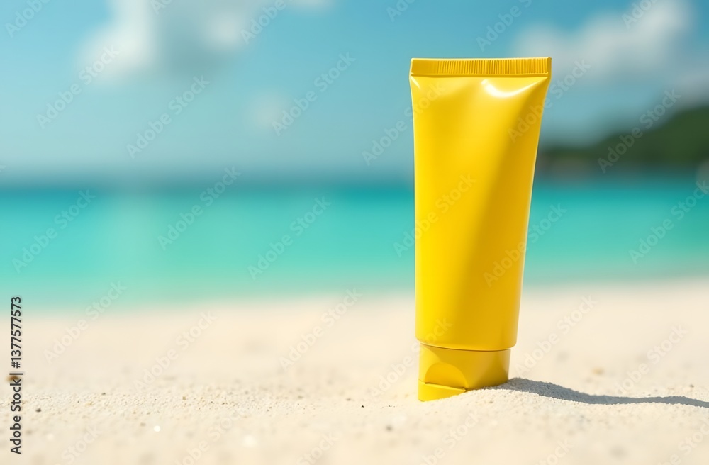 Yellow sunscreen bottle standing on white sand beach with turquoise sea and blue sky in background, promoting sun protection during summer vacation Yellow sunscreen bottle standing on white sand beach with turquoise sea and blue sky in background, promoting sun protection during summer vacation