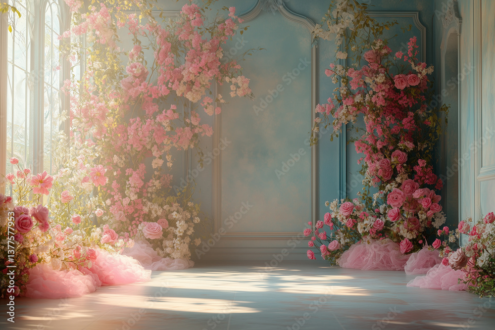 Maternity backdrop, wedding backdrop, photography background with delicate flowers and big bright window.