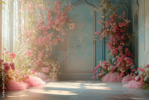Obraz na płótnie Maternity backdrop, wedding backdrop, photography background with delicate flowers and big bright window. w salonie