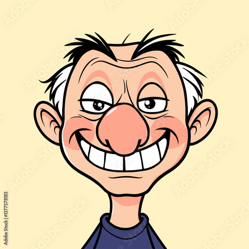 Mischievous Cartoon Elderly Man with Large Nose and Grinning Expression