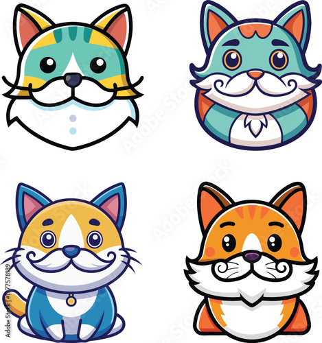 Four adorable cartoon cat faces, each with a unique color scheme and a fun, whimsical mustache.