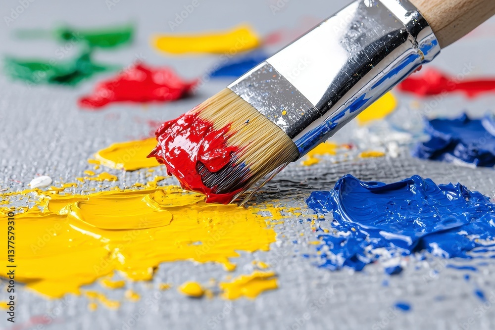 Obraz premium Close up of Paintbrush on Textured Canvas with Red, Yellow, and Blue Paint
