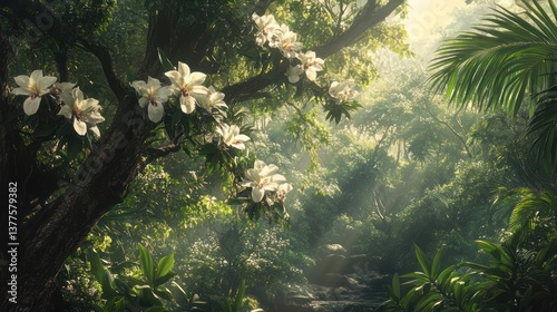 Lush jungle path with magnolia blossoms