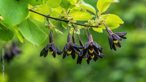 Dark Blooms Hanging from Branch in Spring