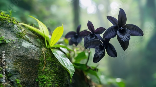 Black Orchid on Mossy Rock in Jungle